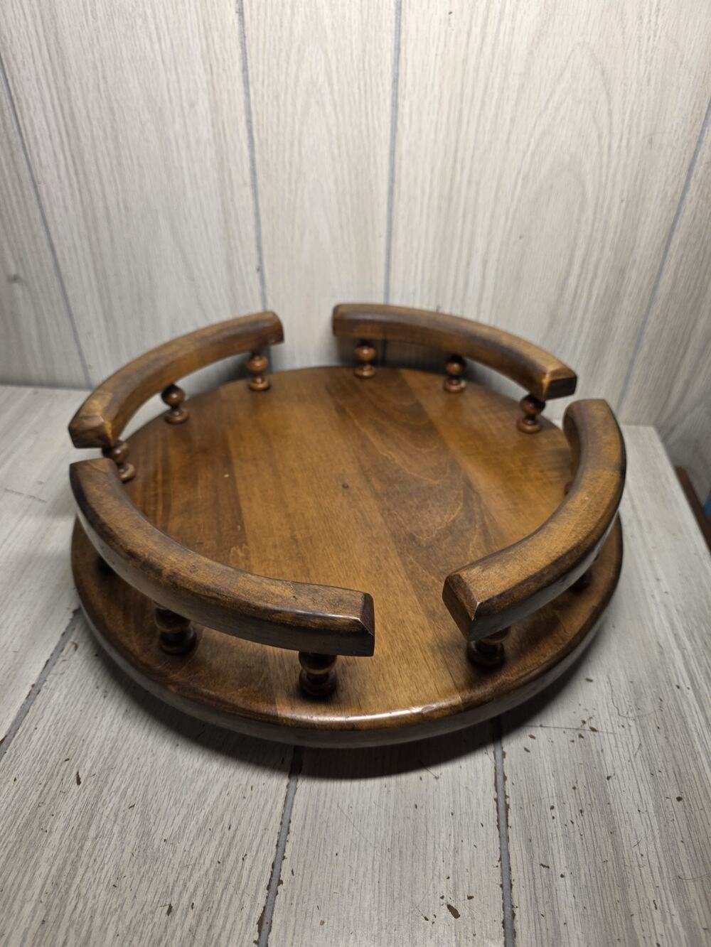 Vintage LAZY SUSAN Wooden Oak 12" Round Rail Spins Table Top Organizer Farmhouse